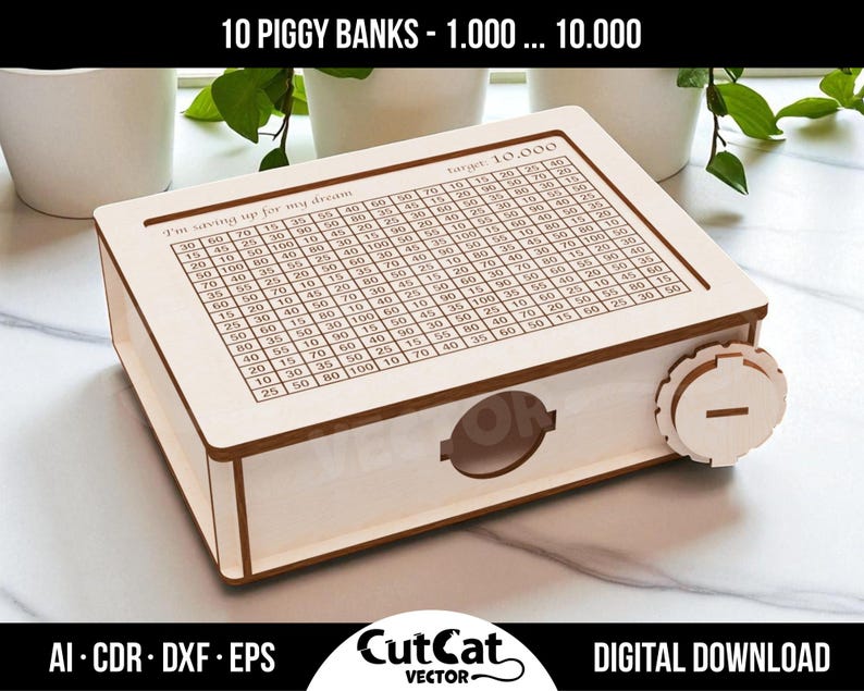 Horizontal wooden coin bank with savings goal grid engraved on the lid and side locking mechanism, suitable for laser engraving machines.