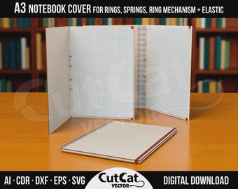 A3 Notebook Cover Laser Cut File: Ring Binding, Elastic Strap (Digital Download)