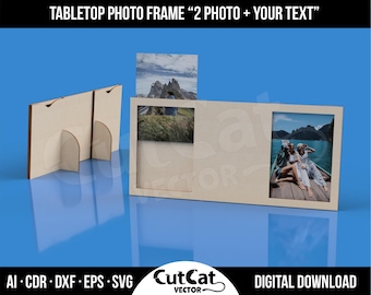 レーザーカットフォトフレーム SVG: カスタムテキスト、写真 2 枚 (デジタルダウンロード)