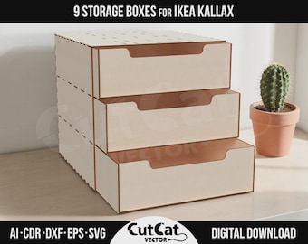 IKEA Kallax用3段引き出しボックス DIYレーザーカットSVGファイル Glowforge xTool彫刻棚オーガナイザー9デザイン（デジタルダウンロード）