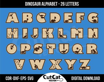 May include: A set of 26 wooden letters, each featuring a different dinosaur silhouette. The letters are brown and the dinosaurs are black. The letters are arranged in alphabetical order. The text "DINOSAUR ALPHABET - 26 LETTERS" is at the top of the image. The text "CDR-DXF-EPS-SVG CutCat VECTOR DIGITAL DOWNLOAD" is at the bottom of the image.