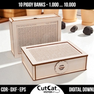 Set of two rectangular piggy banks with numeric target engravings, made of light wood, featuring a side lock. Digital templates for laser cutting.