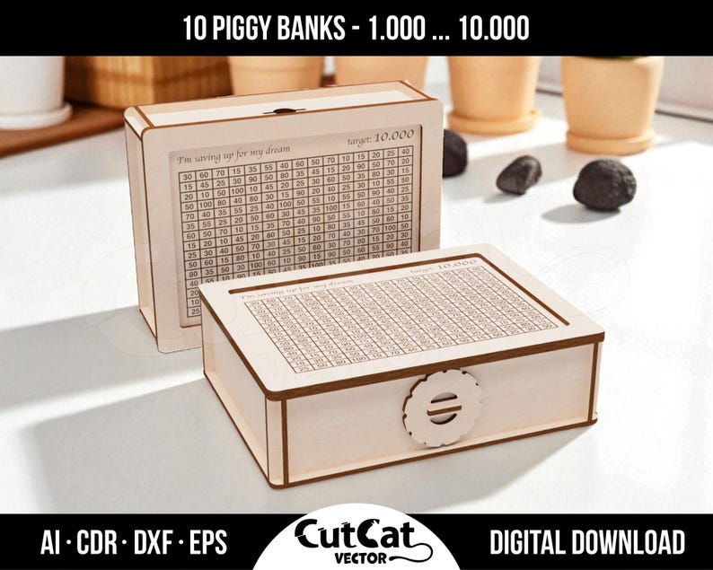 Set of two rectangular piggy banks with numeric target engravings, made of light wood, featuring a side lock. Digital templates for laser cutting.