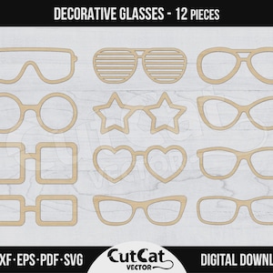 May include: Twelve decorative glasses cutouts in various shapes, including rectangles, circles, stars, and hearts. The glasses are made of light brown material and are arranged in three rows of four. The text "DECORATIVE GLASSES - 12 PIECES" is at the top.