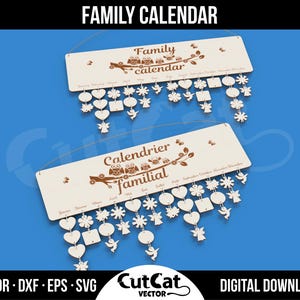 Calendrier mural de vacances en famille au laser svg, fichiers coupés gravés glowforge. Mariage, fiançailles, anniversaire, réunion, baptême. 6 langues