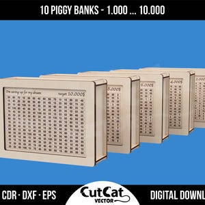 Row of five laser-cut wooden piggy banks displayed in perspective, each engraved with a numbered savings chart and different targets—from 10,000 $ in front to 2,000 $ at the back. Set against a blue background with a top banner reading “10 PIGGY BANKS – 1.000 … 10.000” and a bottom strip showing file formats “AI · CDR · DXF · EPS,” the CutCat Vector logo, and “DIGITAL DOWNLOAD.”