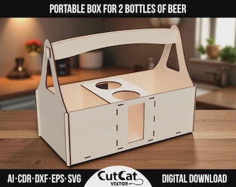 Laser Cut Beer Gift Box SVG: 2-Bottle Carrier with Snack Compartments (Digital Download)