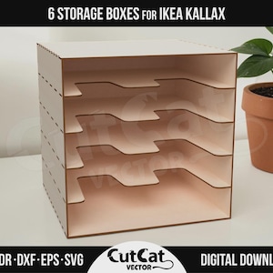 Peut inclure: Une boîte de rangement à six compartiments conçue pour les étagères IKEA Kallax. La boîte est en bois clair et présente une conception en gradins pour un accès facile. Le texte "6 STORAGE BOXES FOR IKEA KALLAX" est en haut. Le bas de l'image affiche "AI-CDR-DXF-EPS-SVG" et "DIGITAL DOWNLOAD".