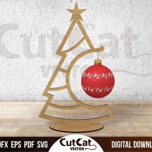 6 alberi di Natale da tavolo. File incisi e tagliati al laser Glowforge in formato svg. Modello per incisione laser dell'albero decorativo. 6 tipi per palline di Natale di 4 dimensioni.