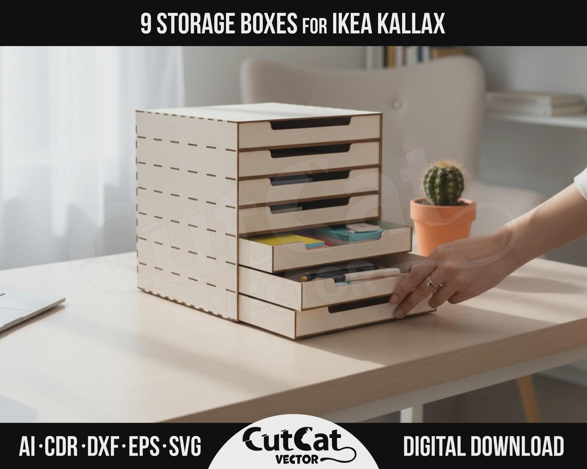7 Schubladen Organizer für IKEA Kallax DIY Laser Cut SVG Dateien Glowforge xTool Gravierte Aufbewahrungsbox Einsatz mit Teilern für Cube Regal