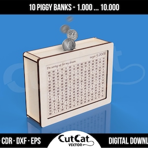 Laser-cut wooden piggy bank with an engraved 1–100 savings chart labeled “I’m saving up for my dream — target: 5,000$.” Several coins are shown dropping into the slot on top. The blue background features a header “10 PIGGY BANKS – 1.000 … 10.000” and a footer listing file formats “AI · CDR · DXF · EPS,” the CutCat Vector logo, and “DIGITAL DOWNLOAD.”
