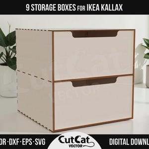 May include: Two-drawer storage box set for IKEA Kallax, with a light beige front and brown trim. The image includes the text "9 STORAGE BOXES FOR IKEA KALLAX" and "DIGITAL DOWNLOAD". The product is designed for home organization.