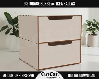 Caja de dos cajones para IKEA Kallax DIY, archivos SVG de corte láser, organizador de estantes grabado Glowforge xTool, 9 diseños (descarga digital).