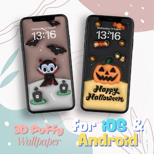May include: Two phone cases with 3D puffy Halloween designs. The case on the left has a vampire, bats, and tombstones. The case on the right has a pumpkin, candy corn, and the text "Happy Halloween". Both cases have a digital clock displaying "13:16".