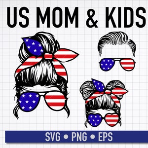 4. Juli Messy Bun Svg, Messy Bun Mom Patriotic Svg, American Patriotic Messy Bun Hair Svg, USA Flag Stirnband Svg, USA Momlife Kidlife