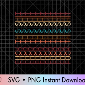 Op de afbeelding: Een digitaal ontwerp met diverse kleurrijke geometrische patronen in oranje, rood, teal en crème. Het ontwerp bevat horizontale lijnen met verschillende vormen en texturen, tegen een zwarte rasterachtergrond. De tekst "SVG • PNG Instant Download" staat onderaan.