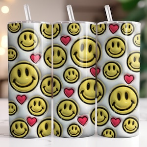 3D Smiley Happy Face Inflated Tumbler Wrap, Tumbler Design 20 oz Skinny Sublimation Digital Download, Straight & Tapered Tumbler PNG