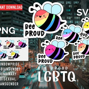 May include: A collection of colorful bee stickers with the text "Bee Proud" and the word "LGBTQ". The bees have rainbow, pink, blue, and yellow designs. The image also includes the words "PNG" and "SVG".