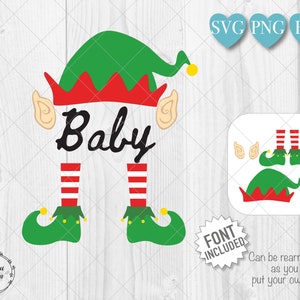 May include: A green and red elf with a pointed hat and the word "Baby" written on the front. The elf is wearing striped stockings and green shoes with yellow buckles. The image includes the words "SVG PNG EPS" and "FONT INCLUDED".