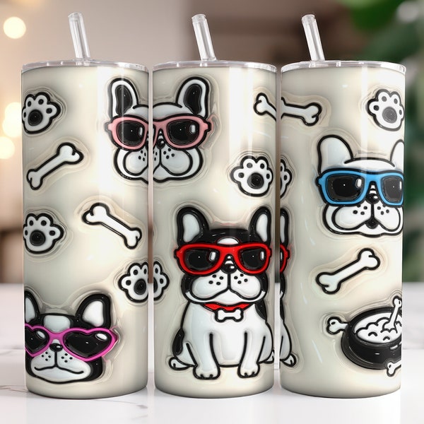 3D Inflated Frenchie Mom 20oz Skinny Tumbler Wrap | French Bulldog | Sublimation Design | Straight & Tapered PNG File | Instant Download