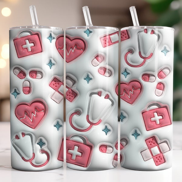 3D Nurse Inflated Tumbler Wrap, Tumbler Design 20 oz Skinny Sublimation Digital Download, Straight & Tapered Tumbler PNG