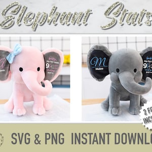 May include: Two plush elephant toys with gray ears and a personalized tag on each ear. The pink elephant has a blue bow on its head. The gray elephant has a blue bow on its ear. The tags include the baby's name, birthdate, and other details. The text on the tags reads "baby Alexia 09/07/2021 9 lbs 22" and "baby Mateo 09/07/2021 9 lbs 22". The image includes the text "2 FONTS INCLUDED!" and "SVG & PNG INSTANT DOWNLOAD".