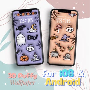 Puede incluir: Dos fondos de pantalla para teléfono con temática de Halloween con un efecto 3D hinchado. El primer fondo de pantalla es morado con un fantasma, una araña, una calabaza y otros iconos de Halloween. El segundo fondo de pantalla es melocotón con un sombrero de bruja, una caldera y otros iconos de Halloween. Ambos fondos de pantalla muestran el texto "HALLOWEEN" y la hora "13:16".