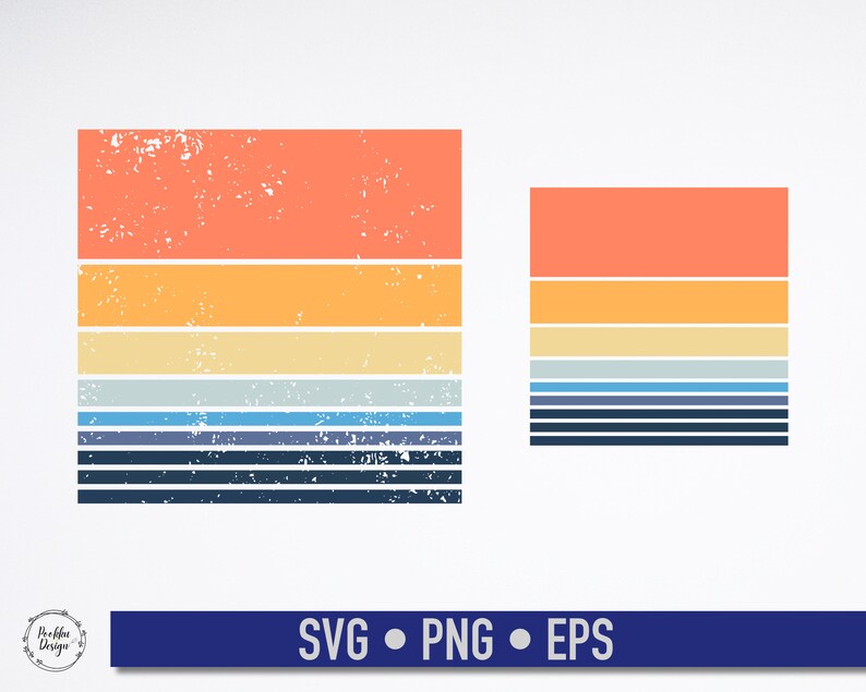 May include: Two digital designs of a retro sunset graphic with a distressed texture. The graphic features horizontal stripes in shades of orange, yellow, light blue, dark blue, and black.