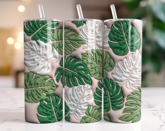 3D Monstera Inflated Tumbler Wrap, Tumbler Design 20 oz Skinny Sublimation Digital Download, Straight &Conique Tumbler PNG