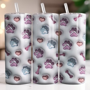 3D Dog&#39;s Paw Inflated Tumbler Wrap, Tumbler Design 20 oz Skinny Sublimation Digital Download, Straight & Tapered Tumbler PNG