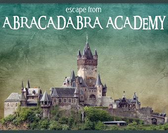 May include: A vintage-style illustration of a large, gray stone castle with multiple towers and spires. The castle is set against a green and blue background with the text "escape from ABRACADABRA ACADEMY" at the top.