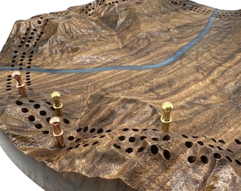3D Topographical Round Cribbage Board | Fernie, BC | Made to Oder | Walnut | Peg Storage Included |