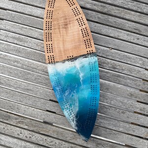 Premium Cribbage Board |  Surfboard Shaped | Curly Maple and Ocean Wave Resin Design | Includes Peg Storage