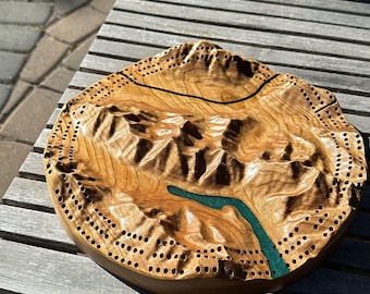 Cherry Custom Cribbage Board • 3D Topographical Map • Choose Your Area • Personalized Crib Board with Peg Storage • Personalized Gift