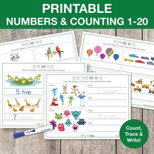Printable Numbers 1-20 Worksheets, Number Tracing, Counting Practice, Preschool Numbers, Montessori, Quiet Book Page, INSTANT DOWNLOAD, T041