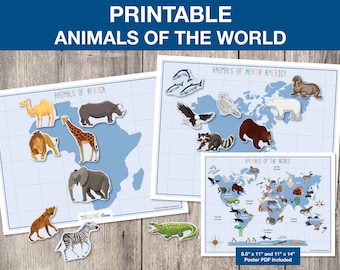 May include: Printable educational poster set featuring animals of the world. The set includes three posters: Animals of North America, Animals of Africa, and Animals of the World. Each poster features a map with various animals from that region. The posters are printed on white paper with a blue background and colorful illustrations.