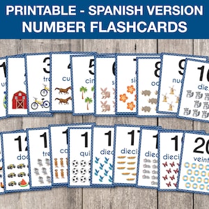 Spanish Printable Number Flashcards, Numbers 1-20, Preschool Activity, Spanish Number Flashcards, Homeschool Activity INSTANT DOWNLOAD, T044