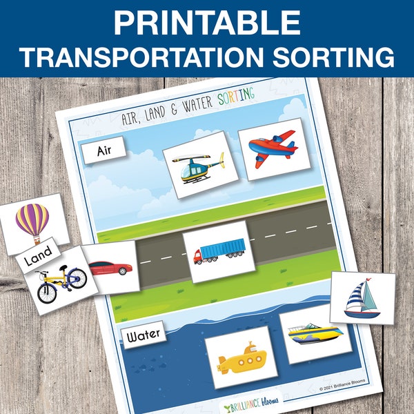 Printable Sorting Activities, Air Land Water Sorting, Transportation Sorting, Quiet Book Page, Homeschool Activity INSTANT DOWNLOAD, T023