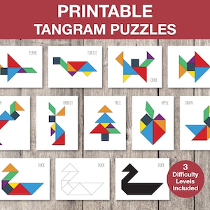 Tangram Puzzles Gra do druku, Puzzle do druku dla dzieci, Karty Montessori, Gra dla dzieci, Karty Flash, Gra edukacyjna, NATYCHMIASTOWE POBIERANIE, G003