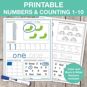 Printable Numbers 1-10 Worksheets, Number Tracing, Counting Practice, Preschool Numbers, Montessori, Quiet Book Page, INSTANT DOWNLOAD, T040