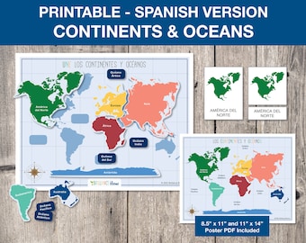 Espagnol, Continents, Carte du monde imprimable, Continents du monde, Science préscolaire, Montessori, Homeschool Activity INSTANT DOWNLOAD, S011