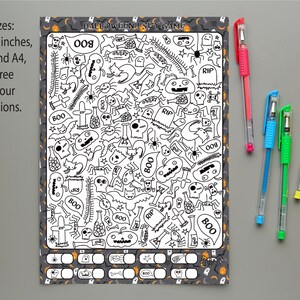 May include: A black and white Halloween-themed "I Spy" game with a spooky illustration of ghosts, bats, skulls, and other Halloween imagery. The game includes a checklist of items to find within the illustration. The text "HALLOWEEN! SPY GAME" is at the top of the page.