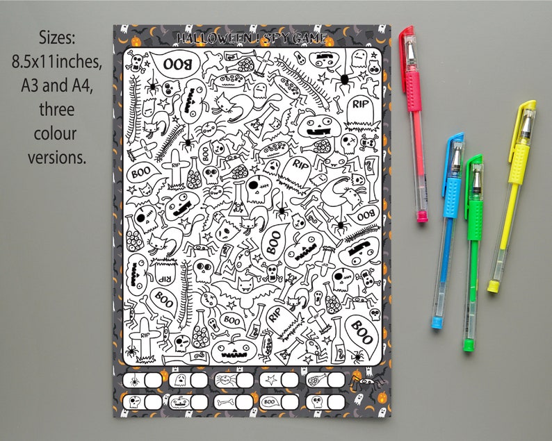 May include: A black and white Halloween-themed "I Spy" game with a spooky illustration of ghosts, bats, skulls, and other Halloween imagery. The game includes a checklist of items to find within the illustration. The text "HALLOWEEN! SPY GAME" is at the top of the page.