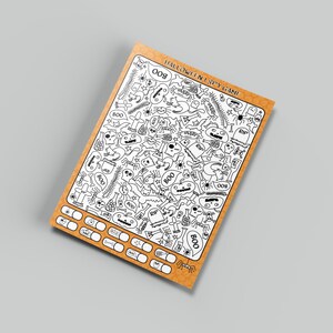 May include: A black and white Halloween-themed "I Spy" game with a brown background. The game features a variety of Halloween-themed images, including ghosts, pumpkins, bats, spiders, and skeletons. The game also includes a list of items to find.