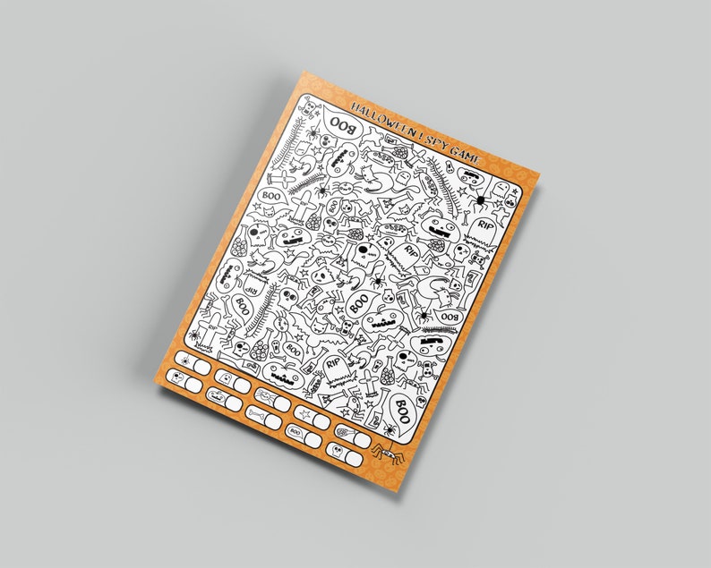 May include: A black and white Halloween-themed "I Spy" game with a brown background. The game features a variety of Halloween-themed images, including ghosts, pumpkins, bats, spiders, and skeletons. The game also includes a list of items to find.