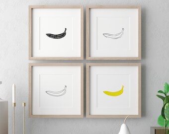 Bananas Set of Four Printable Wall Art, Instant Download, One line drawing and more Bananas