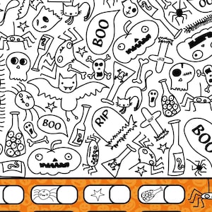 May include: Black and white Halloween themed illustration with a variety of spooky characters and objects, including bats, ghosts, spiders, pumpkins, skulls, and bottles. The illustration is surrounded by a border of orange and black pumpkins.