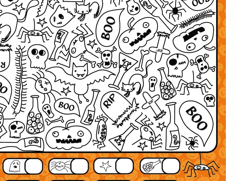May include: Black and white Halloween themed illustration with a variety of spooky characters and objects, including bats, ghosts, spiders, pumpkins, skulls, and bottles. The illustration is surrounded by a border of orange and black pumpkins.