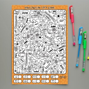 May include: A black and white Halloween I Spy game with a variety of spooky characters and objects. The game includes a checklist of items to find, such as a ghost, a spider, a bat, a pumpkin, a skull, a bone, a cauldron, a potion bottle, a cat, a witch's hat, a spider web, a tombstone, and a candy corn. The game is printed on a bright orange background with a black border.