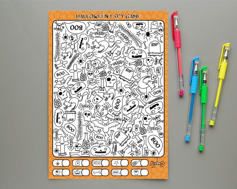 May include: A black and white Halloween I Spy game with a variety of spooky characters and objects. The game includes a checklist of items to find, such as a ghost, a spider, a bat, a pumpkin, a skull, a bone, a cauldron, a potion bottle, a cat, a witch's hat, a spider web, a tombstone, and a candy corn. The game is printed on a bright orange background with a black border.